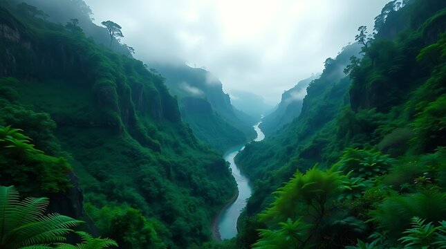 misty river winding through deep green lush canyon valley