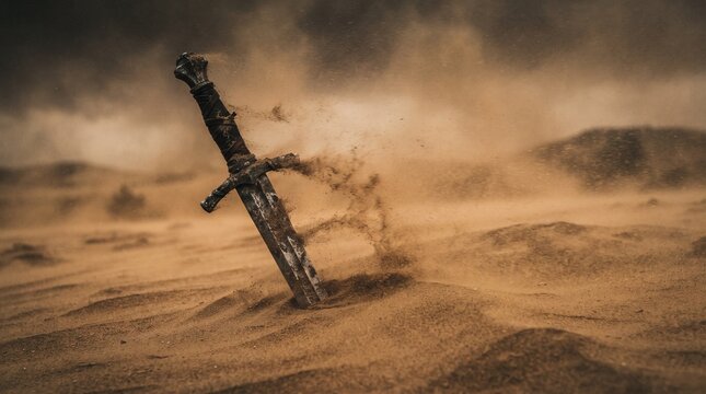 Ancient sword stuck in desert sand with dust blowing representing fantasy adventure and historical battles