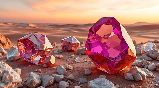 pink faceted gemstones resting on desert sand at sunset