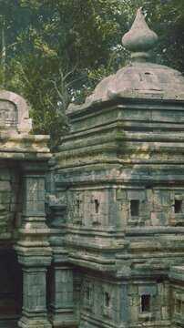 A majestic temple rises among the trees, showcasing intricate stone carvings and historical architecture. This serene spot invites tranquility and reflection, capturing natures beauty.