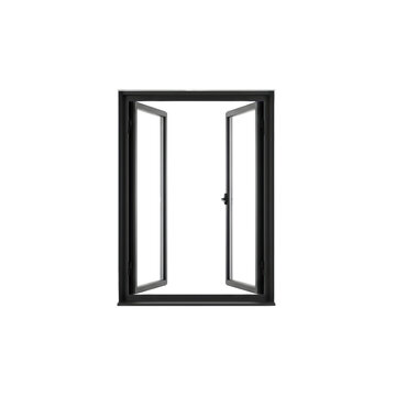 Classic black iron double-hung window with open sashes centered against a transparent studio background, showcasing elegant architectural design and ventilation concept