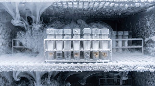 Frozen Medical Vials in Cryogenic Storage Freezer