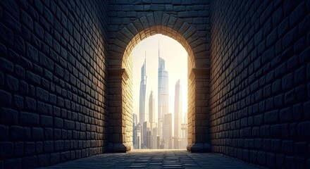 Fototapeta premium Ancient Archway Revealing Modern City Skyline at Sunset