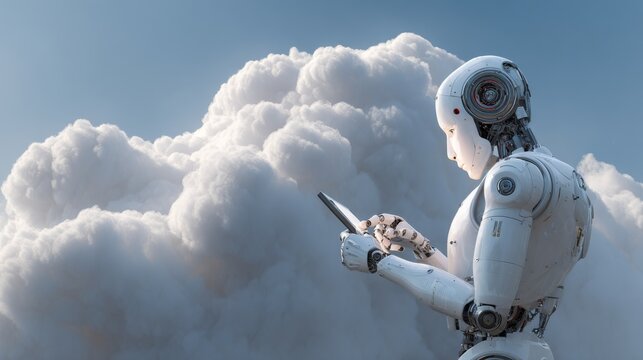 Futuristic humanoid robot holding digital tablet while looking at cloud computing interface, artificial intelligence assistant, smart automation technology, data storage network, machine learning, cyb