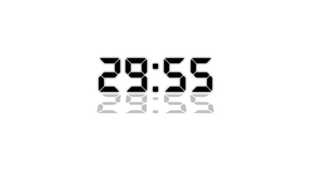 Digital timer animation is a 1-minute countdown from 30 to 29 minutes. 4K countdown animation,