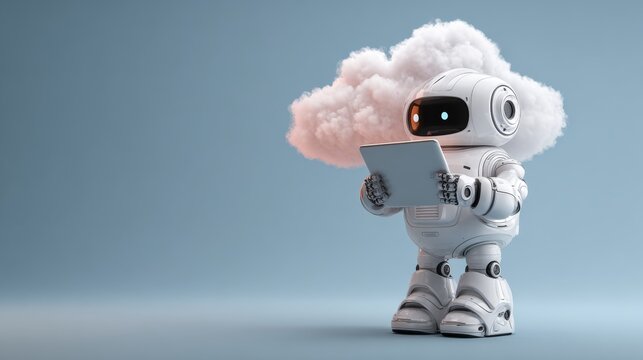 Futuristic humanoid robot holding digital tablet while looking at cloud computing interface, artificial intelligence assistant, smart automation technology, data storage network, machine learning, cyb