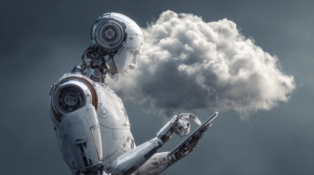 Futuristic humanoid robot holding digital tablet while looking at cloud computing interface, artificial intelligence assistant, smart automation technology, data storage network, machine learning, cyb