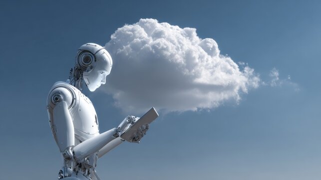 Futuristic humanoid robot holding digital tablet while looking at cloud computing interface, artificial intelligence assistant, smart automation technology, data storage network, machine learning, cyb