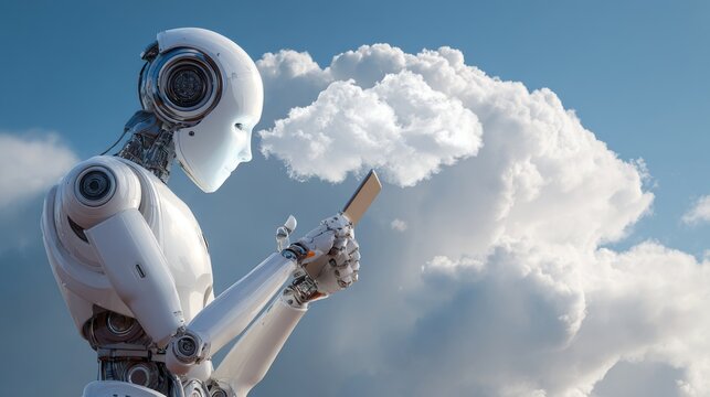 Futuristic humanoid robot holding digital tablet while looking at cloud computing interface, artificial intelligence assistant, smart automation technology, data storage network, machine learning, cyb