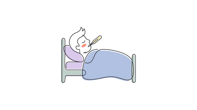 Man sick in bed with thermometer in mouth, cartoon style