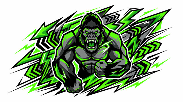 Angry Gorilla Mascot Logo Vector Illustration for Esports Gaming with Neon Green Dynamic Background