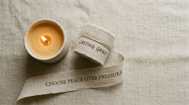 Serene lit candle and linen ribbons featuring inspirational quotes Lasting Grace and Choose Peace Over Pressure on textured beige fabric background ideal for meditation and mindfulness concepts daily.