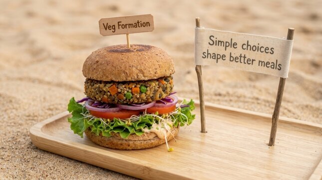Nutritious vegan burger featuring fresh vegetables and lentil patty on a wooden tray at the beach with small signs about making better meal choices and veg formation for healthy lifestyle diets today.