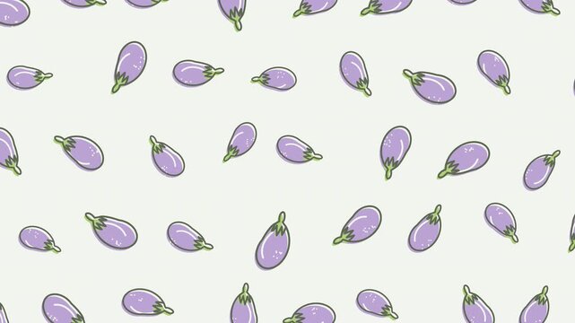 Seamlessly animated pattern of hand-drawn purple eggplants shaking on a light grey background.