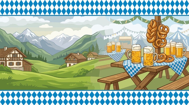 Oktoberfest beer garden scene with pretzels and mountains