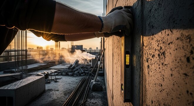 Construction Worker Precision At Sunset Site With Bubble Level Tool
