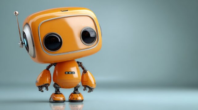Cute little orange 3d robot character with friendly smile, adorable futuristic artificial intelligence assistant, cartoon humanoid android companion, smart technology mascot, digital innovation, isola