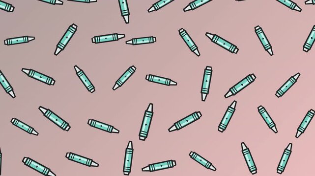 Animated pattern of light green crayons rotating on a pastel pink background