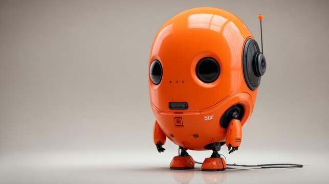 Cute little orange 3d robot character with friendly smile, adorable futuristic artificial intelligence assistant, cartoon humanoid android companion, smart technology mascot, digital innovation, isola