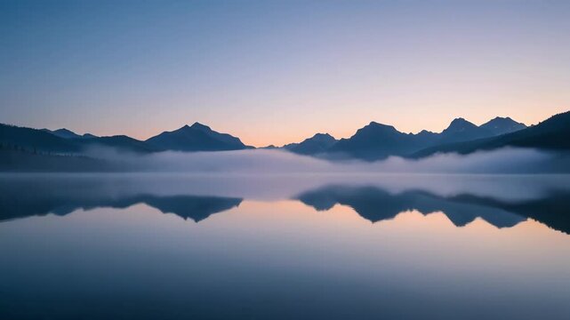 Calm lake reflecting mountain range at dawn with clear sky
