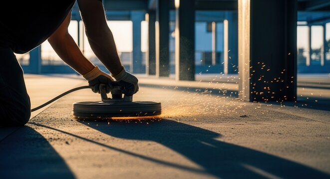 Construction Worker Polishing Concrete Surface With Grinder Creating Sparks During Golden Hour