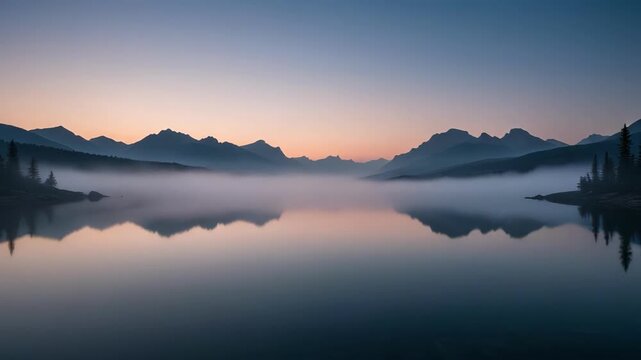 Calm mountain lake reflecting a serene sunrise with silhouetted trees