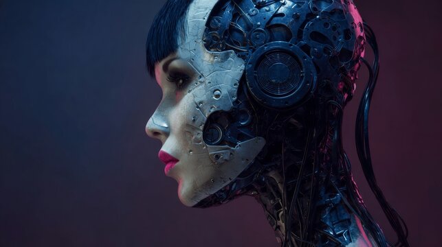 Female humanoid robot portrait with futuristic artificial intelligence technology, advanced android face, digital innovation concept, cybernetic machine, modern ai assistant, high tech robotics, dark 
