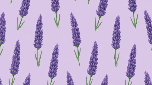 Seamless repeating pattern of purple lavender flowers on soft pastel background graphic design wallpaper texture for elegant interior decor.
