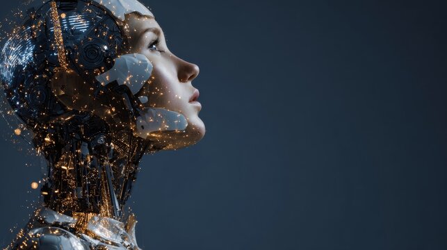 Female humanoid robot portrait with futuristic artificial intelligence technology, advanced android face, digital innovation concept, cybernetic machine, modern ai assistant, high tech robotics, dark 