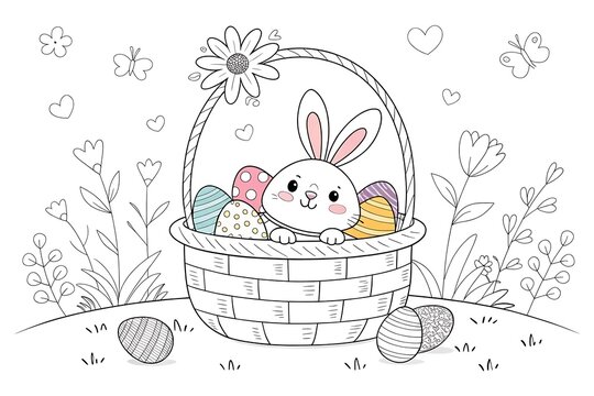 Cute bunny rabbit sitting in a wicker Easter basket with eggs