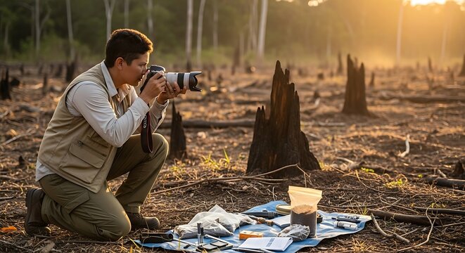 Man photographing in forest clearing sunset.