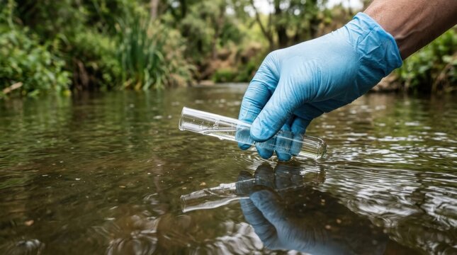 Professional scientist wearing blue gloves collects a water sample in a glass test tube from a flowing river in the forest to monitor environmental quality and pollution levels in the ecosystem areas.