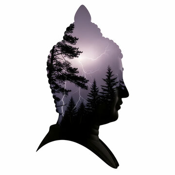 Double exposure silhouette of a Buddha head with a stormy forest landscape