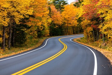 Fototapeta premium Autumn scenic winding asphalt road through a forest with colorful fall tree foliage