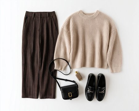 Outfit flat lay with beige knitwear sweater corduroy trousers and fashion style