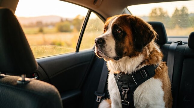 Cute saint bernard dog sitting in the back seat of a moving car
