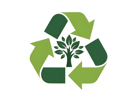 Green recycle symbol with green tree inside isolated on white background, eco friendly vector icon for zero waste, environmental conservation, sustainable development, and go green campaign.
