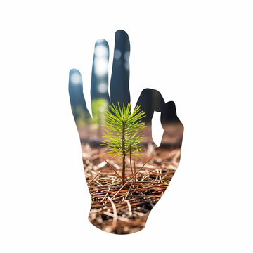 Conceptual silhouette of a hand holding a small pine seedling