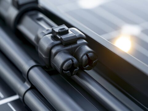 Close up of black MC4 solar connectors joined on solar panel wiring on a rail in a sunny environment