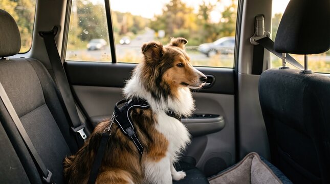 Cute shetland sheepdog sitting in the back seat of a moving car