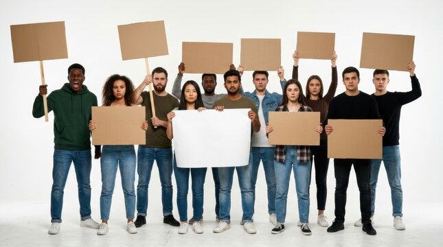 Diverse group of young people holding blank cardboard signs and white paper while standing together in a protest demonstration. This multicultural team of activists is ready for your custom messages