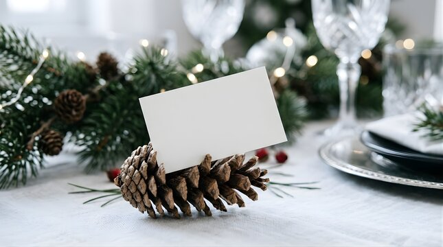 Blank white place card in a pinecone holder for holiday table decor