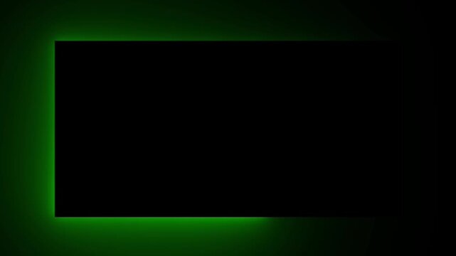 Rectangular frame with a glowing green neon border surrounding a dark black center area for text or placement on a dark background surface