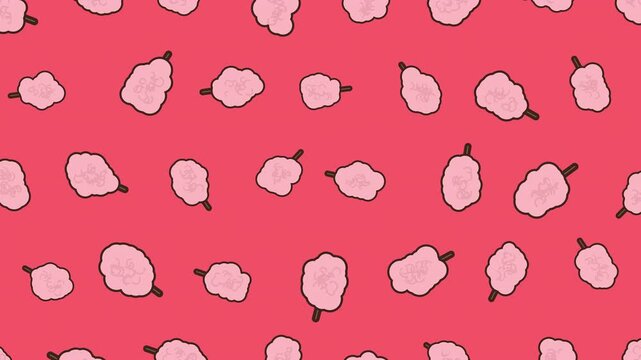 Animated seamless pattern of hand-drawn pink cotton candy on sticks over a vibrant pink background.