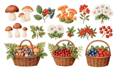 Obraz premium Hand painted botanical illustrations featuring rustic wicker baskets overflowing with porcini mushrooms, chanterelles, blueberries, lingonberries, cranberries, wild raspberries, green leaves, ferns