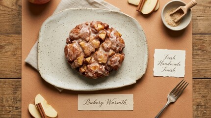 Fototapeta premium Freshly baked apple fritter glazed with sweet sugar icing sits on ceramic plate with cinnamon sticks and fruit slices. This delicious dessert represents warmth from a rustic and cozy local bakery shop