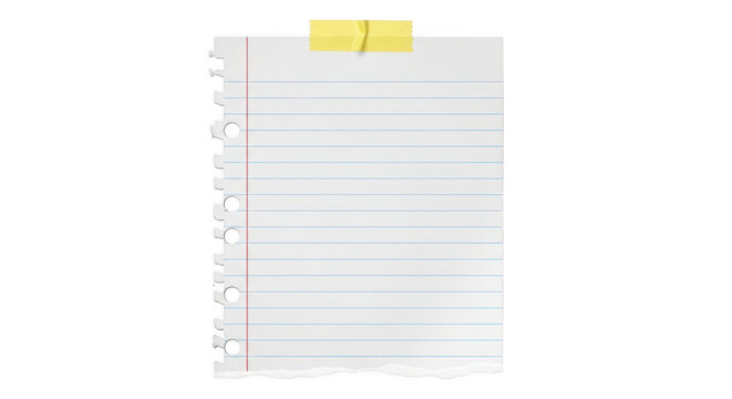 Lined notebook paper sheet attached with yellow adhesive tape isolated on transparent background