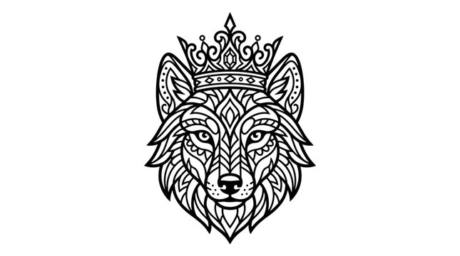 Intricate Wolf Head with Crown Illustration
