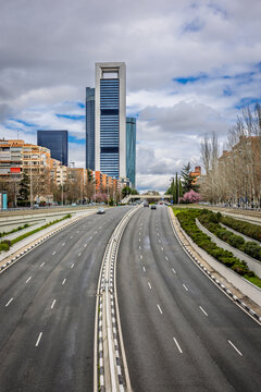 Cuatro Torres Business Area from Paseo de la Castellana, Madrid, Spain