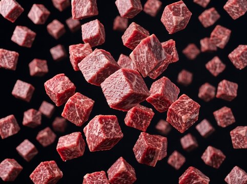 Raw beef cubes falling into darkness with copy space.